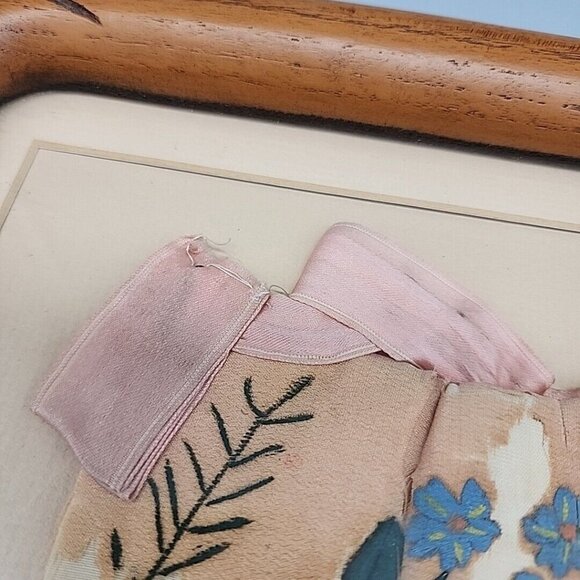 Vintage Antique Wall Hanging Wooden Framed 8x10" Hand Painted Pink Silk Bag - Picture 6 of 10